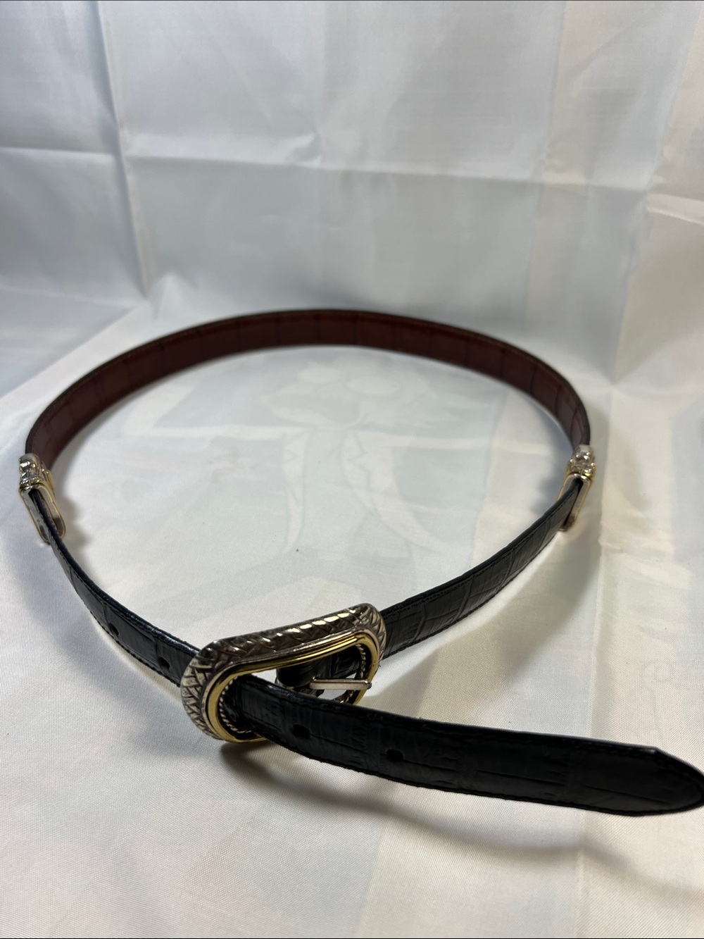 Black Croc-Embossed Leather Belt with Silver & Gold Buckle